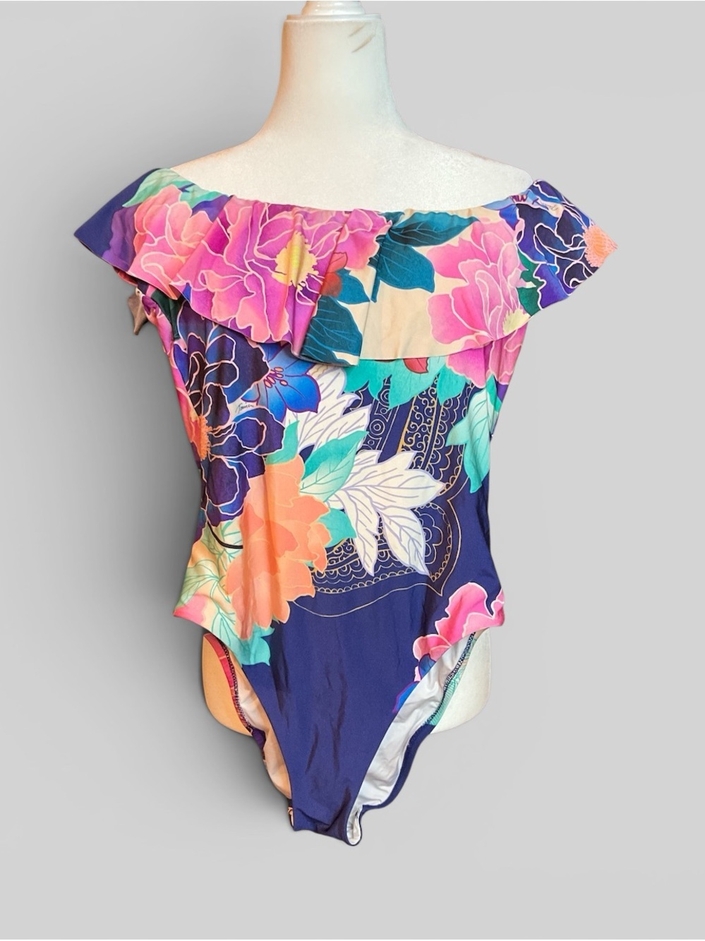 Trina Turk Navy Floral Off-Shoulder One-Piece, size 12